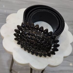Genuiene Leather Black Crystal Flower Statement Belt
